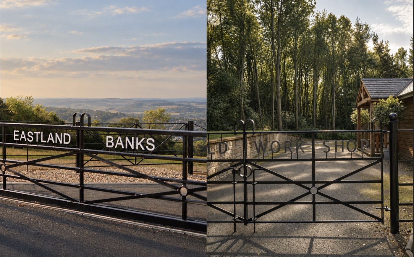 Photographs of the Eastland Banks and Old Workshop entrance gates, with countryside and woodland beyond