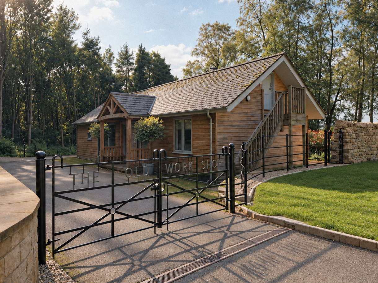 Wide composition of The Old Workshop and its entrance gate